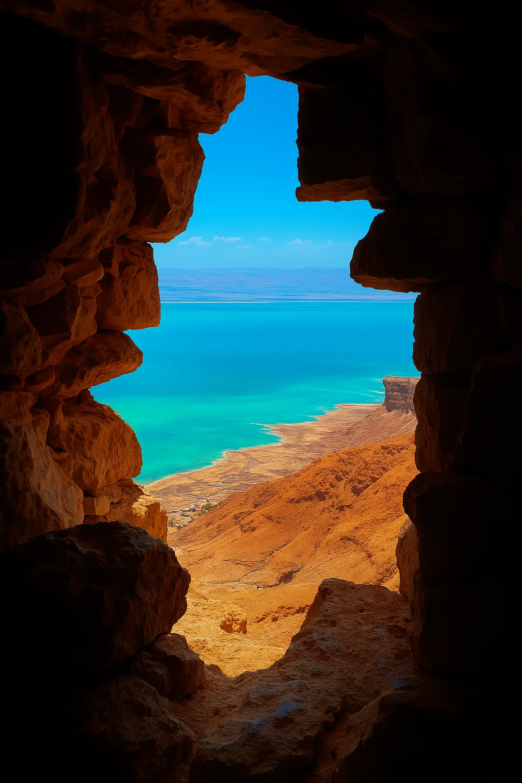 The Dead Sea seen from a cave in the Judean Desert